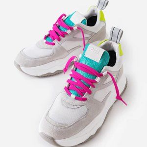 P448 White Gray Sneakers with Pink Laces and Teal Tongue